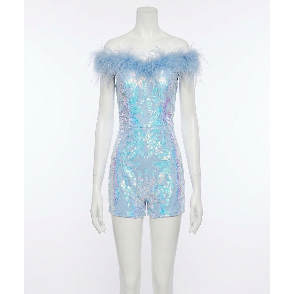 NEW JOVANI feather neckline sequin romper in lt blue